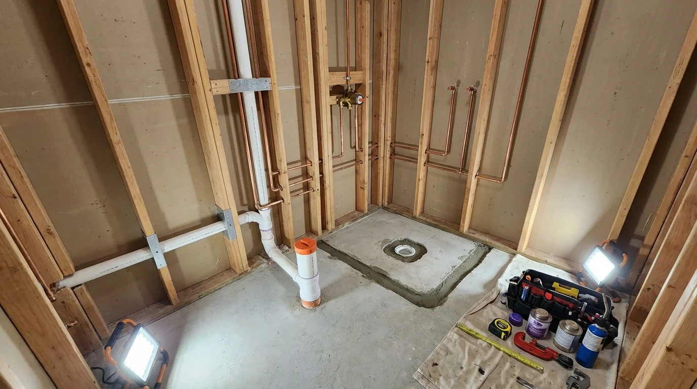 Bathroom rough-in plumbing during remodel by Johns Plumbing LLC in Wildomar