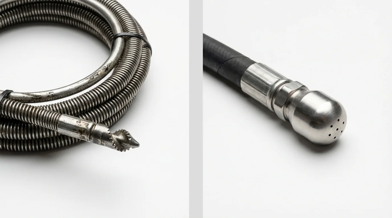 Drain snake cable and hydro jetting nozzle used for drain cleaning in Wildomar, CA