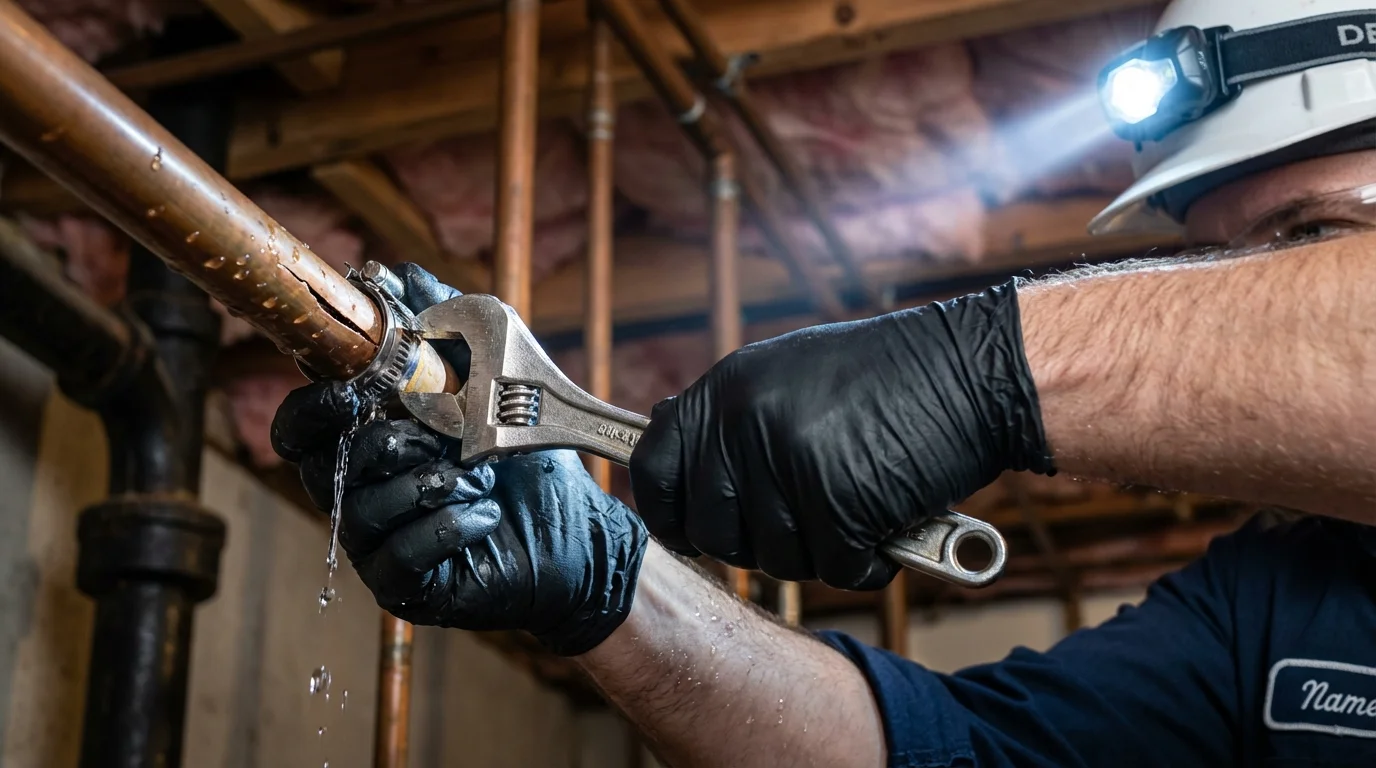 Emergency pipe clamp repair being performed by a Johns Plumbing LLC plumber in Wildomar