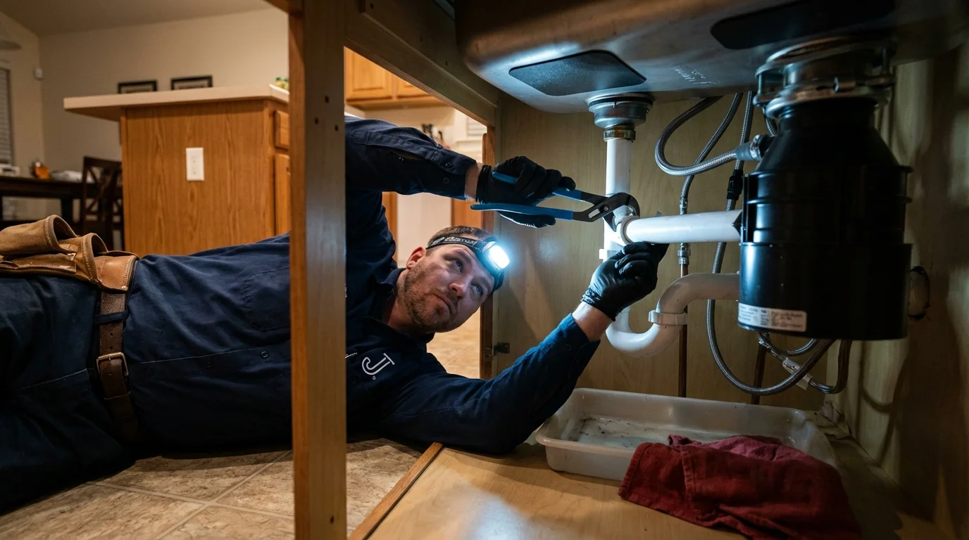 P-trap and supply line connections under a kitchen sink showing a common leak point in Wildomar, CA
